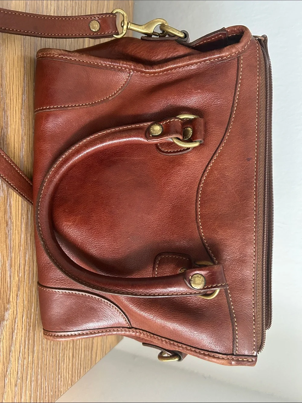 Ghurka Chestnut Brown Leather Satchel with Brass Hardware